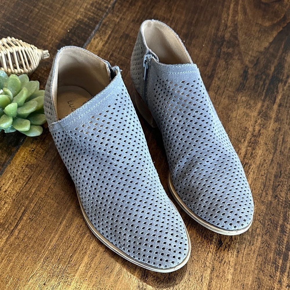 Lucky Brand | Perforated Gray Suede Ankle Booties, Size 38 (7.5)